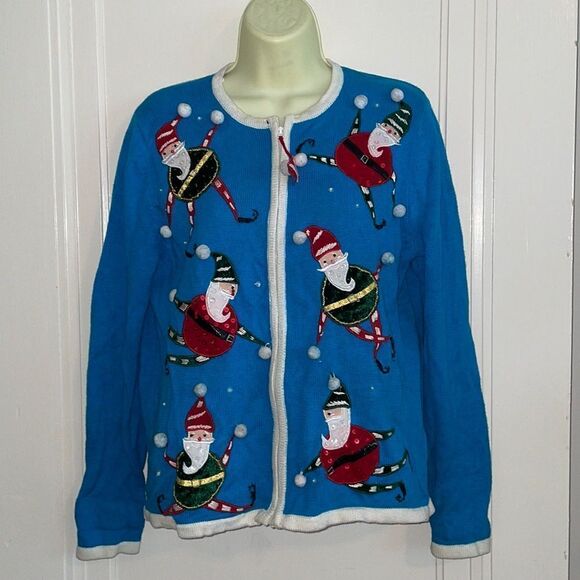 Vtg Tiara Christmas Collection aqua blue zip up Santa Claus cardigan sweater - Picture 1 of 7